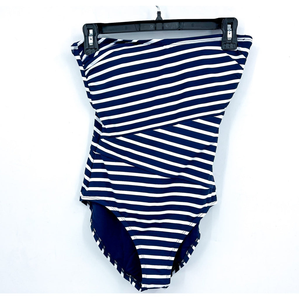 TOMMY BAHAMA Coastline Stripe Bandeau One Piece Swimsuit Size 10 Blue White NWT