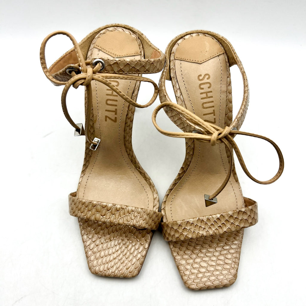 SCHUTZ Womens Mavis Heel Sandals Size 5 B Snake Shine Light Nude Leather NIB