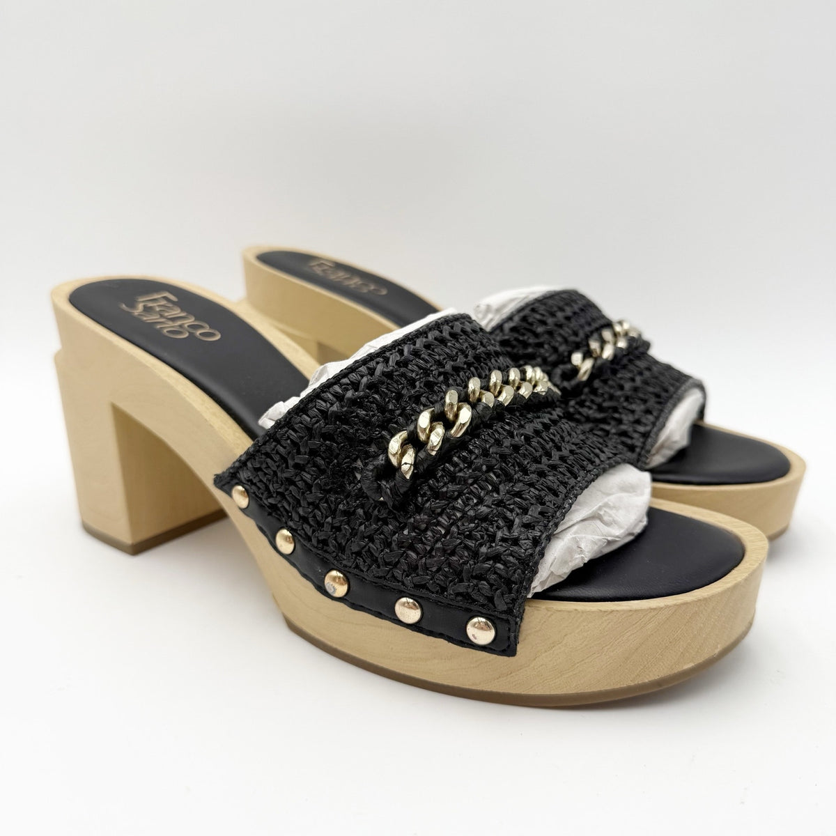 Franco Sarto Womens Capri Dressy Heeled Sandals Size 8 M Black Natural Wood NIB