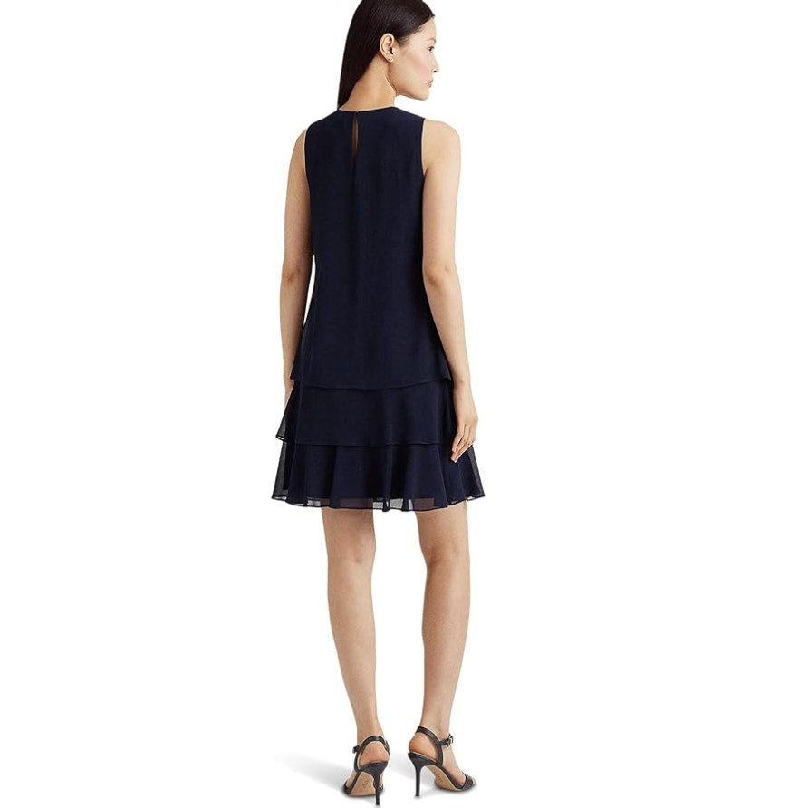 LAUREN RALPH LAUREN Womens Shift Dress Size 6 Navy Blue Crinkle Georgette NWT