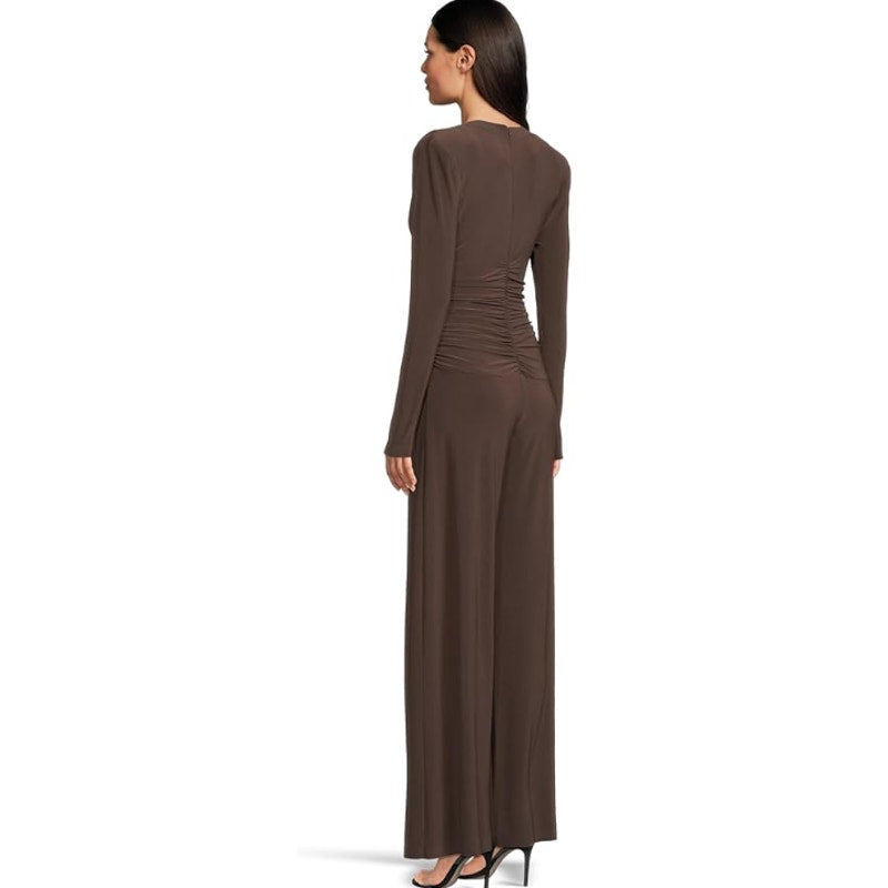 Norma Kamali V-Neck Shirred Waist Jumpsuit XS/34 Chocolate Brown Long Sleeve NWT
