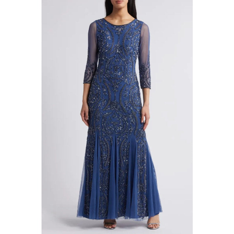 PISARRO NIGHTS Sequin Beaded Illusion Gown Size 2 Navy Blue Maxi Dress NWT