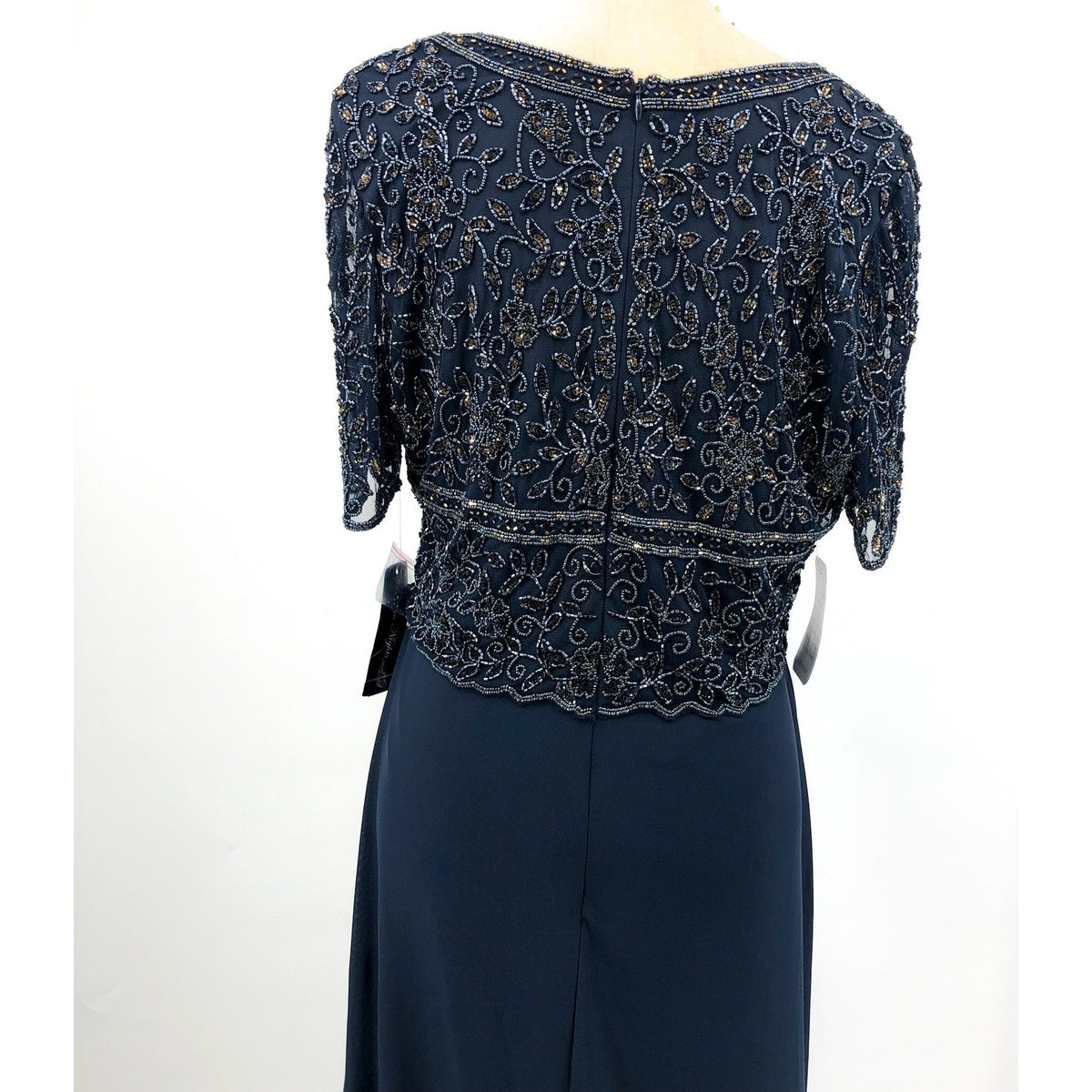 PISARRO NIGHTS Beaded Bodice A-Line Gown Size 12 Navy Blue Short Sleeve NWT