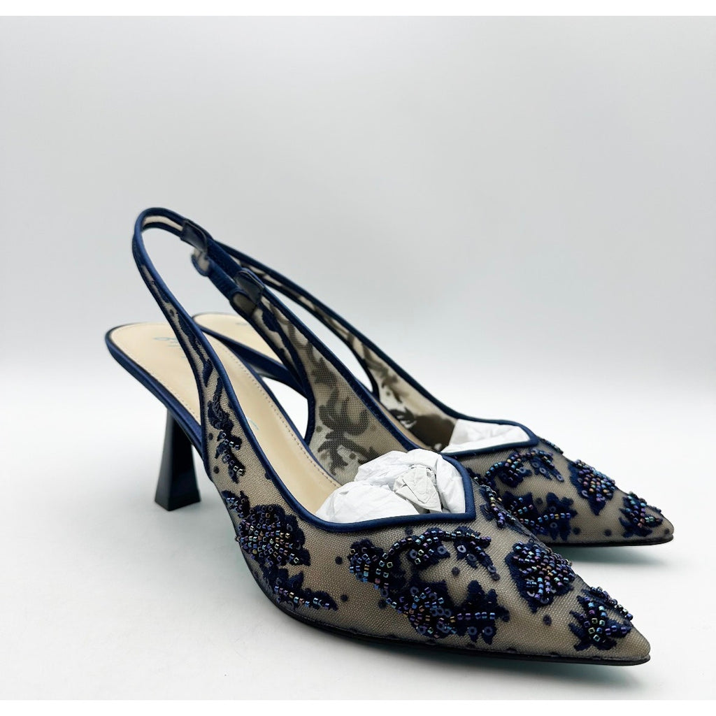 Blue Betsey Johnson Womens Nikki High Heels Size 7 Navy Blue Lace Sling Back NIB