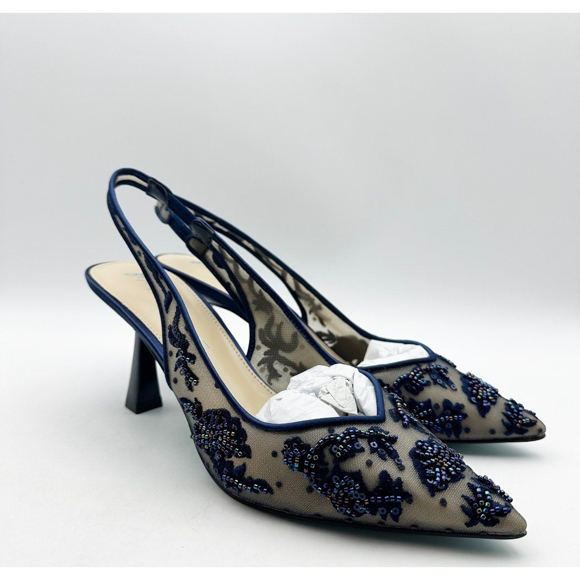 Blue Betsey Johnson Womens Nikki High Heels Size 7 Navy Blue Lace Sling Back NIB
