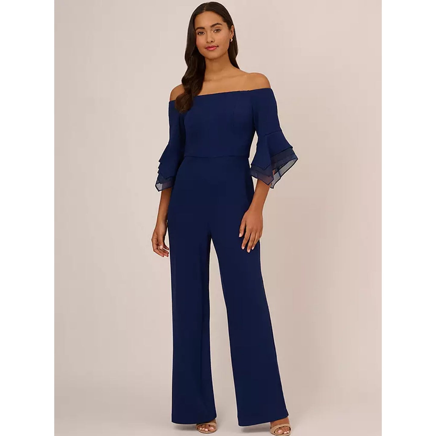 ADRIANNA PAPELL Organza Crepe Jumpsuit Size 14 Navy Blue Satin Off Shoulder NWT