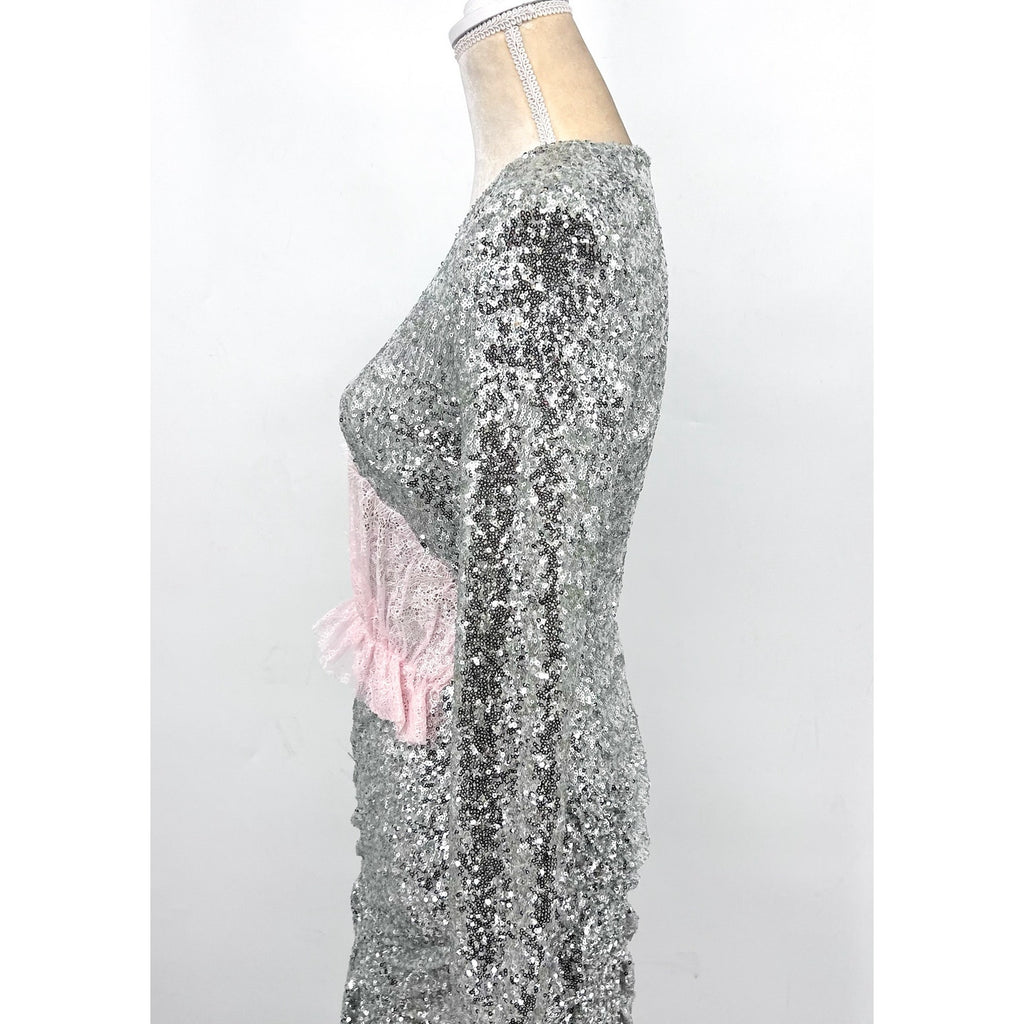 PREEN BY THORNTON BREGAZZI Welda Sequin Dress Medium Silver Long Sleeve NWOT