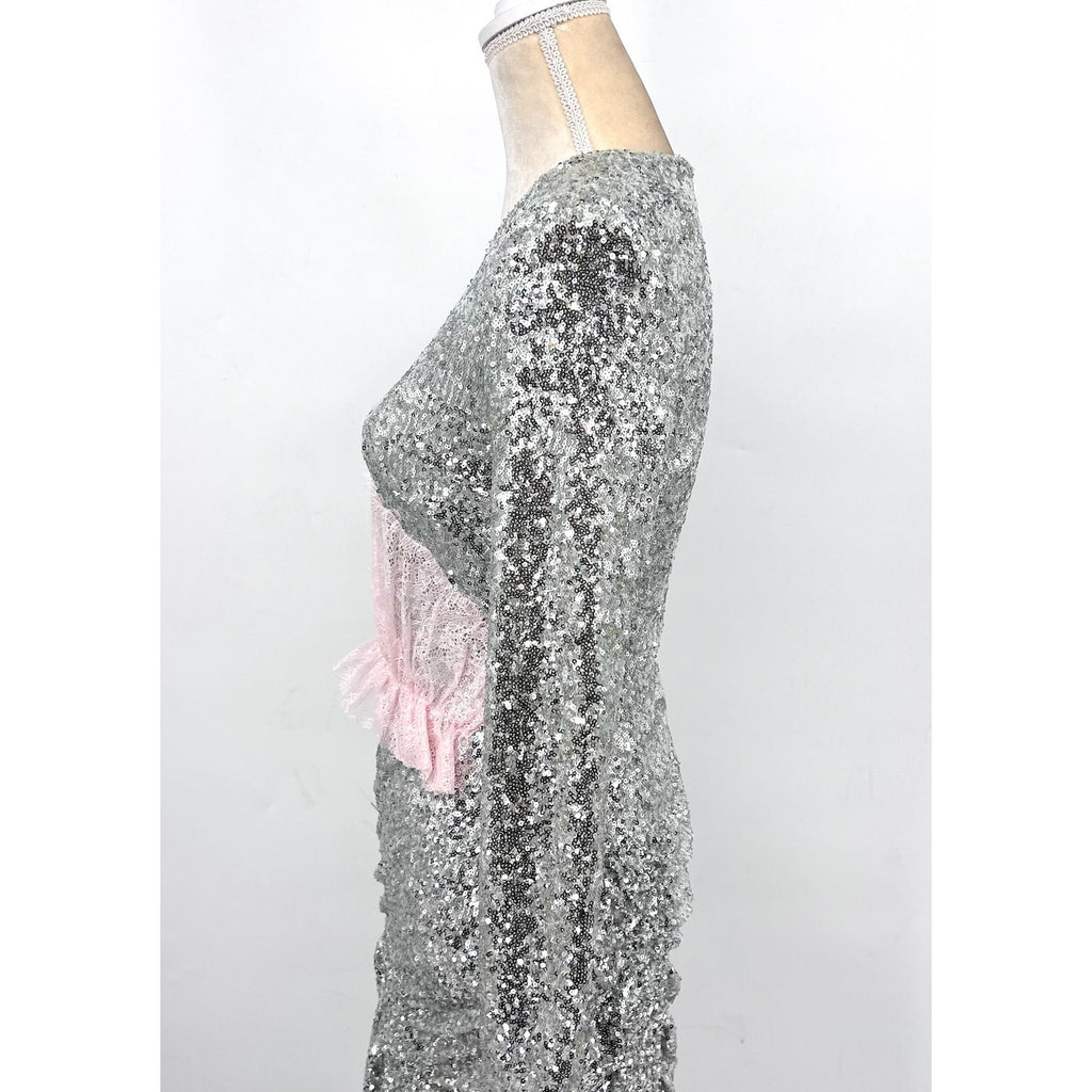 PREEN BY THORNTON BREGAZZI Welda Sequin Dress Medium Silver Long Sleeve NWOT