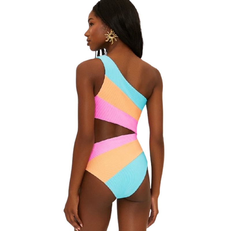 BEACH RIOT Joyce One Shoulder One Piece Swimsuit Small Pink Blue NWOT