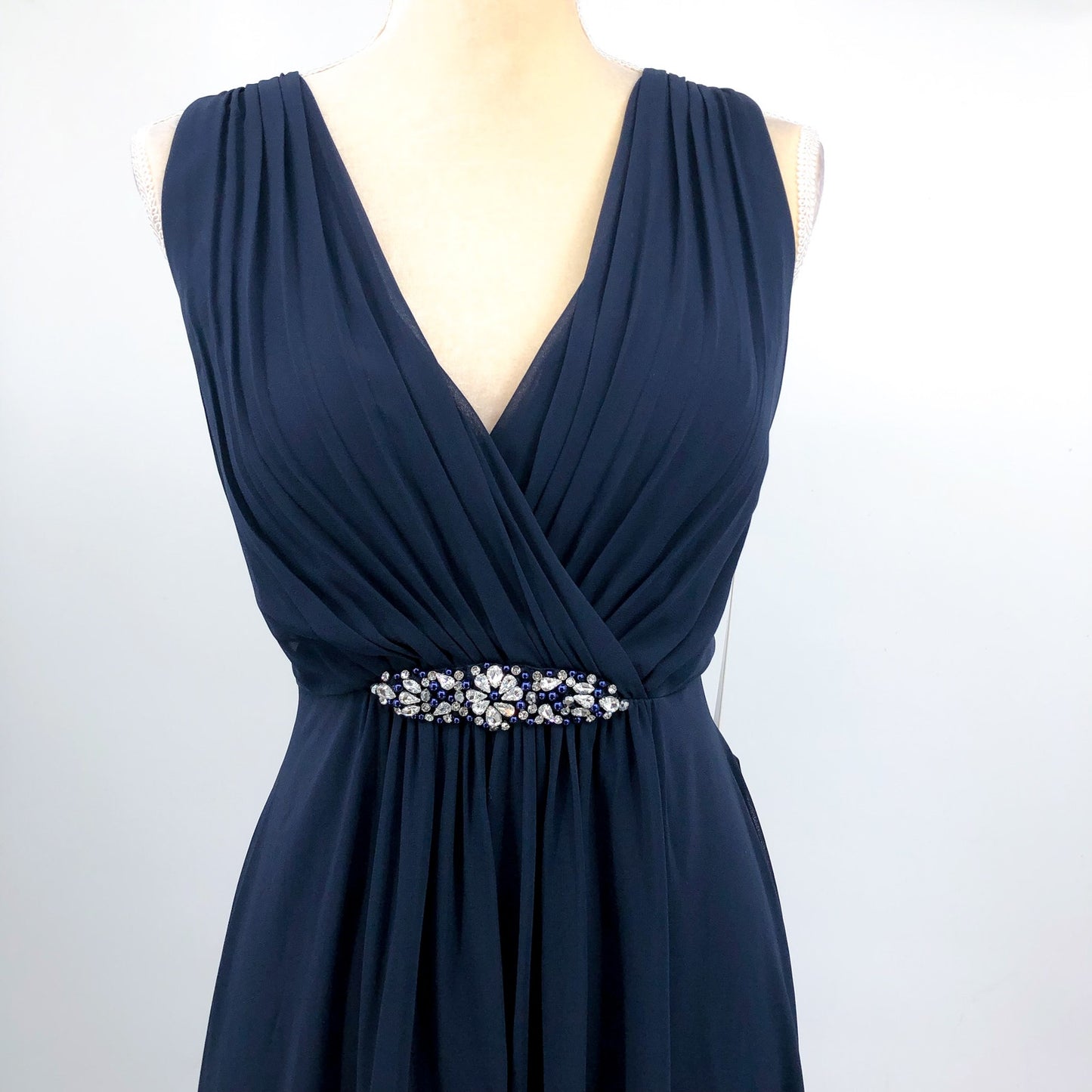 ELIZA J High Low Chiffon Long Dress Size 8 Navy Blue Embellished Sleeveless NWT