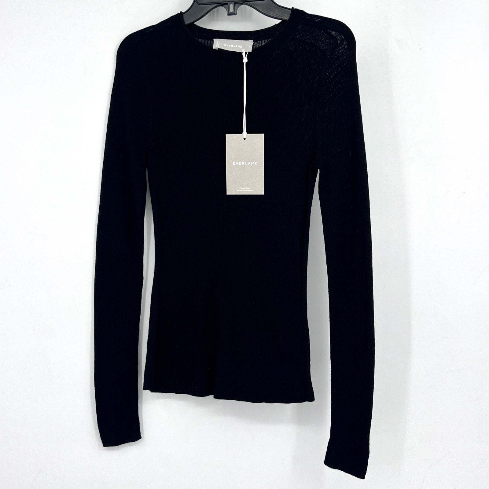 EVERLANE Women's The Long-Sleeve Sweater Tee Small Black Ultrafine Merino NWT