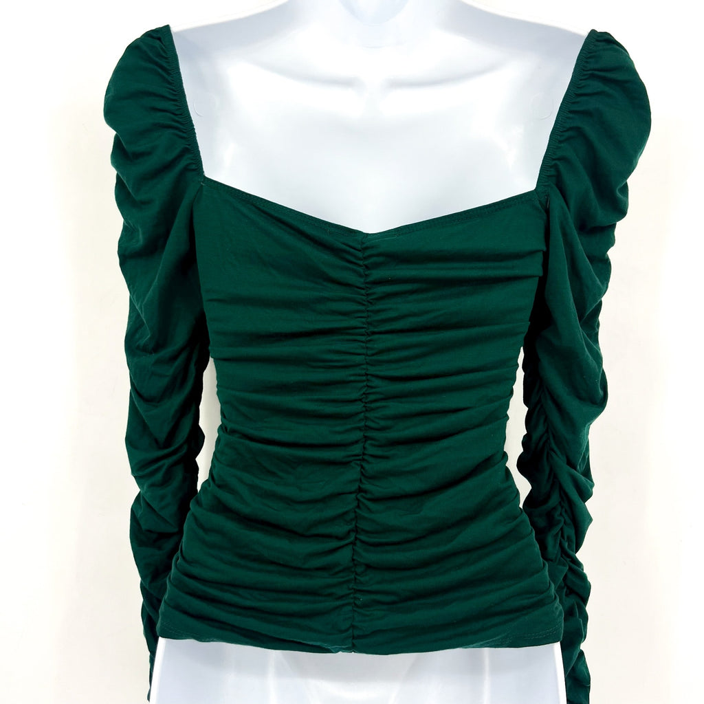 REFORMATION Women's Esra Queen Ann Neck Ruched Blouse Small Emerald Green EUC