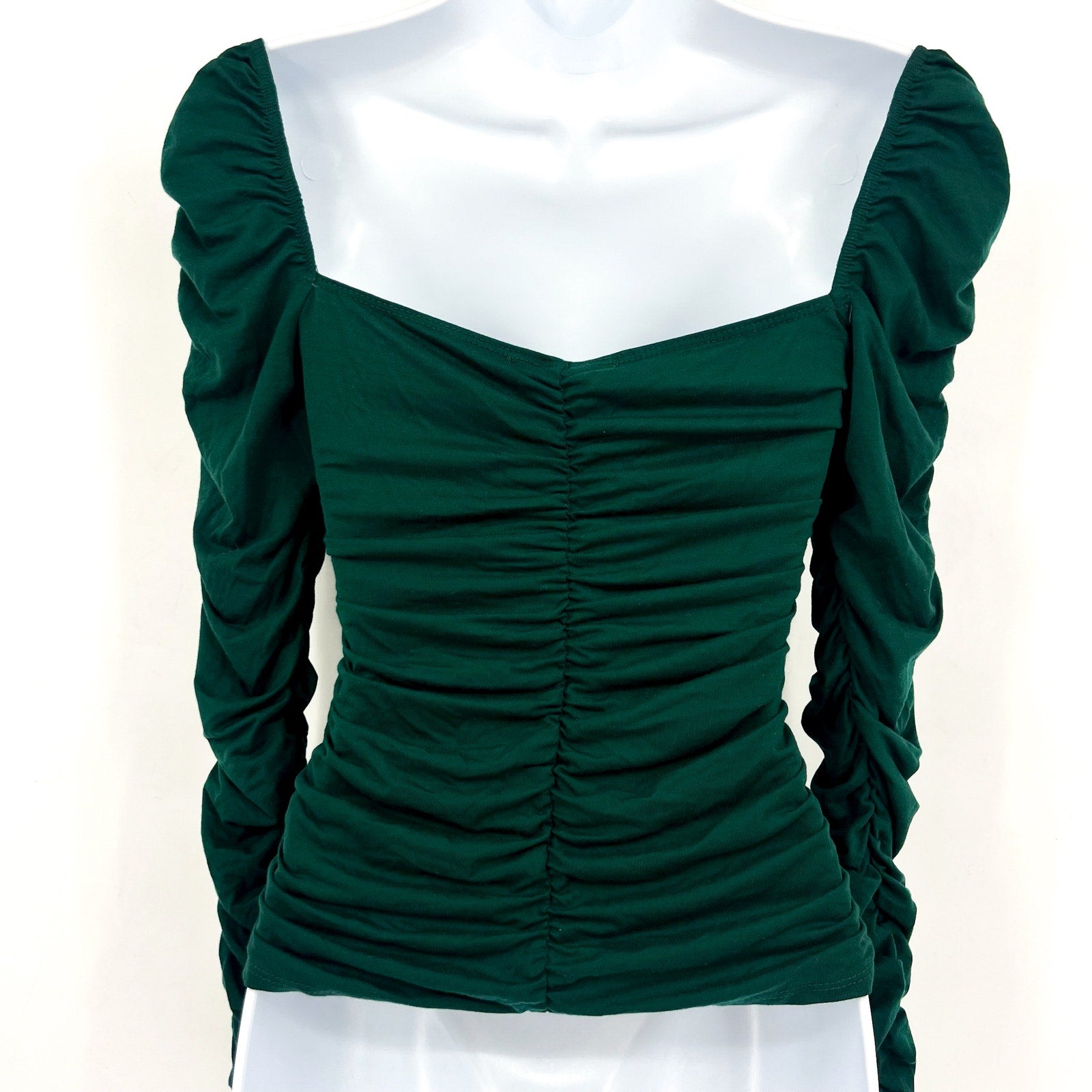 REFORMATION Women's Esra Queen Ann Neck Ruched Blouse Small Emerald Green EUC