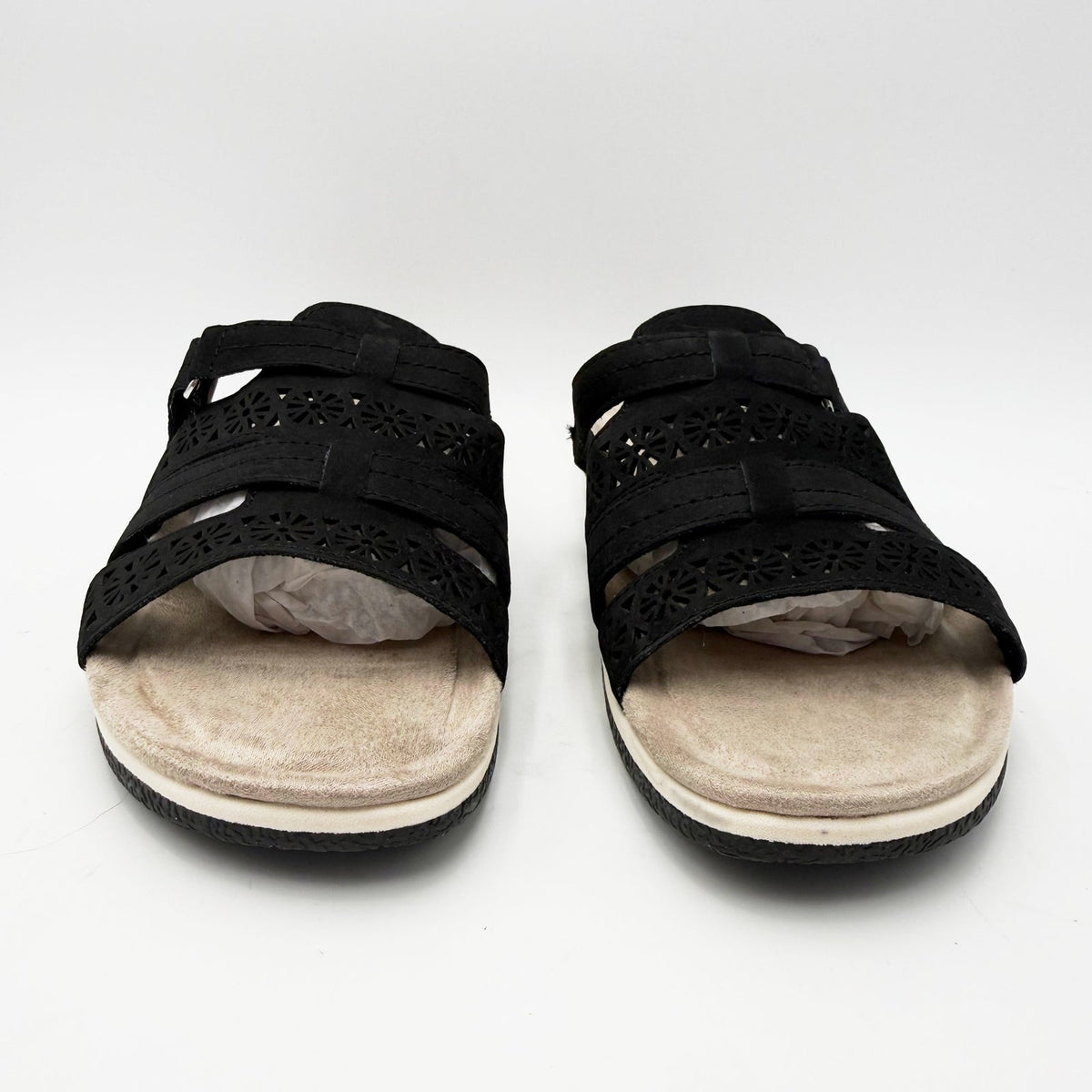Earth Origins Womens Sinci Slide Sandals Size 9.5 Black Laser Cut Comfort NWOB