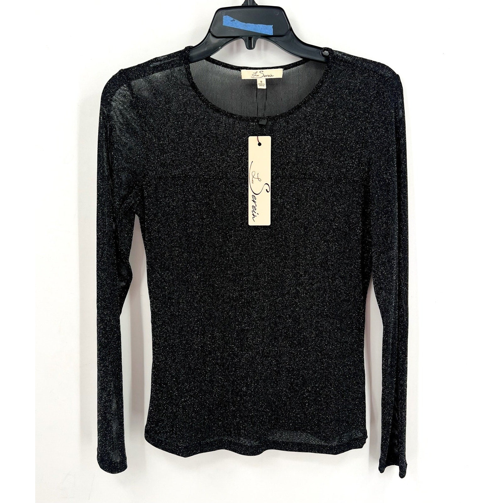 LES SEREIN Long Sleeve Glitter Mesh Sheer Top Small Black Silver Metallic NWT