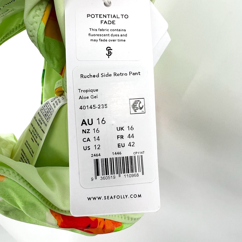SEAFOLLY Womens Tropique Ruched Bikini Bottom Size 12 Green Aloe Gel Print NWT