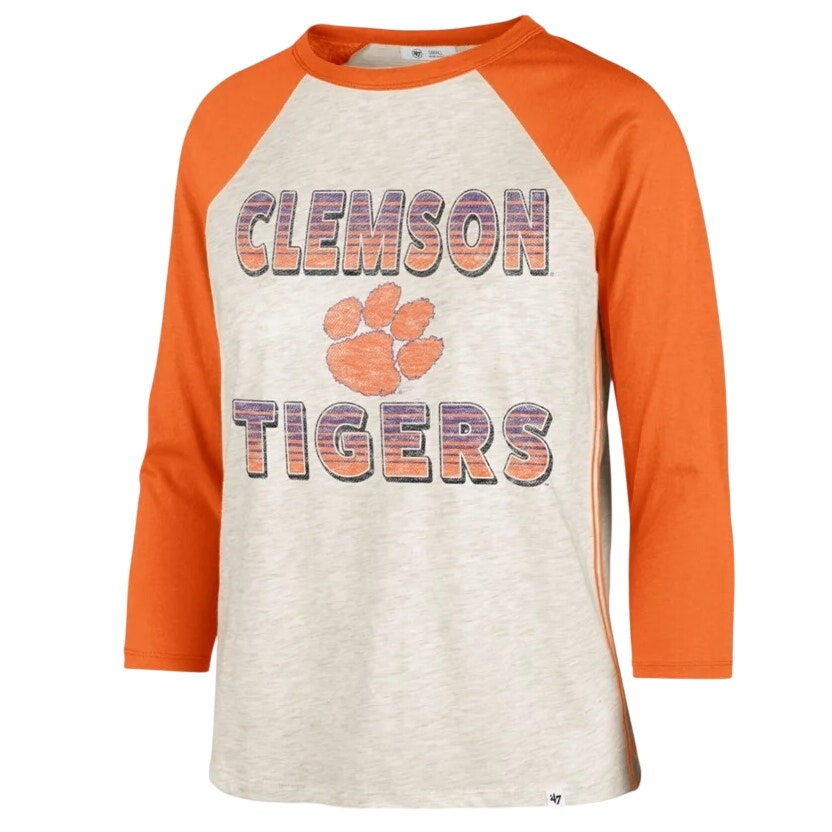 47 BRAND Womens Clemson Tigers Tshirt Medium Grey Orange Raglan Long Sleeve NWT