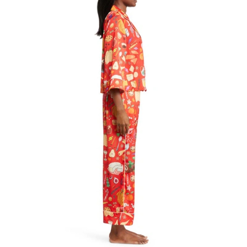 KAREN MABON Women's Holiday Feast Pajama Set XS Red Print Long Sleeve NWT