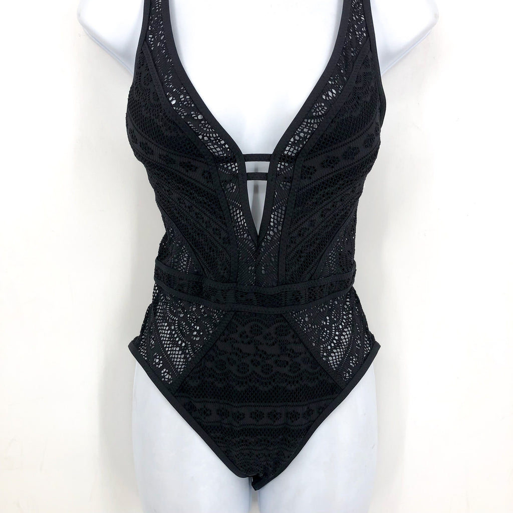 BECCA Womens Color Play Crochet Plunge One Piece Swimsuit Large Black NWT