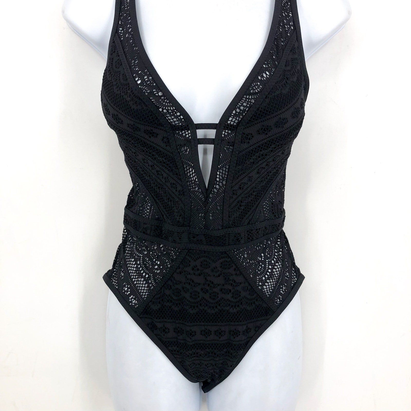 BECCA Womens Color Play Crochet Plunge One Piece Swimsuit Large Black NWT