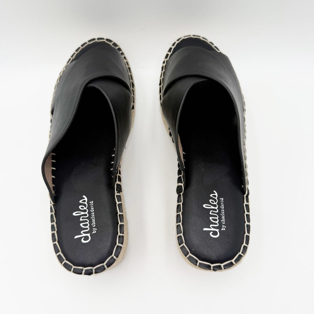 Charles David Womens Santana Wedge Sandals Size 8.5 M Black Platform Slides NWOB