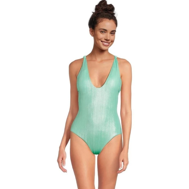 BECCA Oragami Textured Knotted One Piece Swimsuit Small Green Aqua Sea NWT