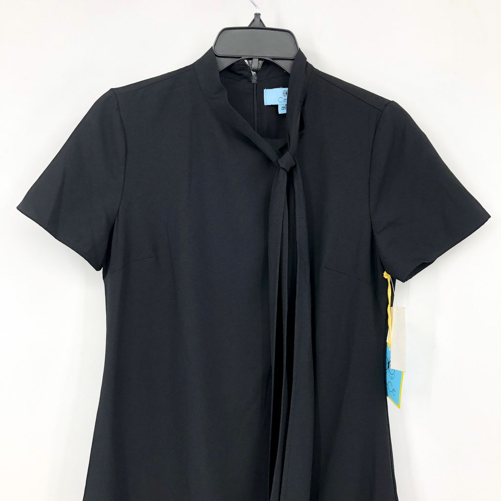 CECE Women's Ruffled Bow Neck Mini Dress Size 6 Rich Black Short Sleeve NWT