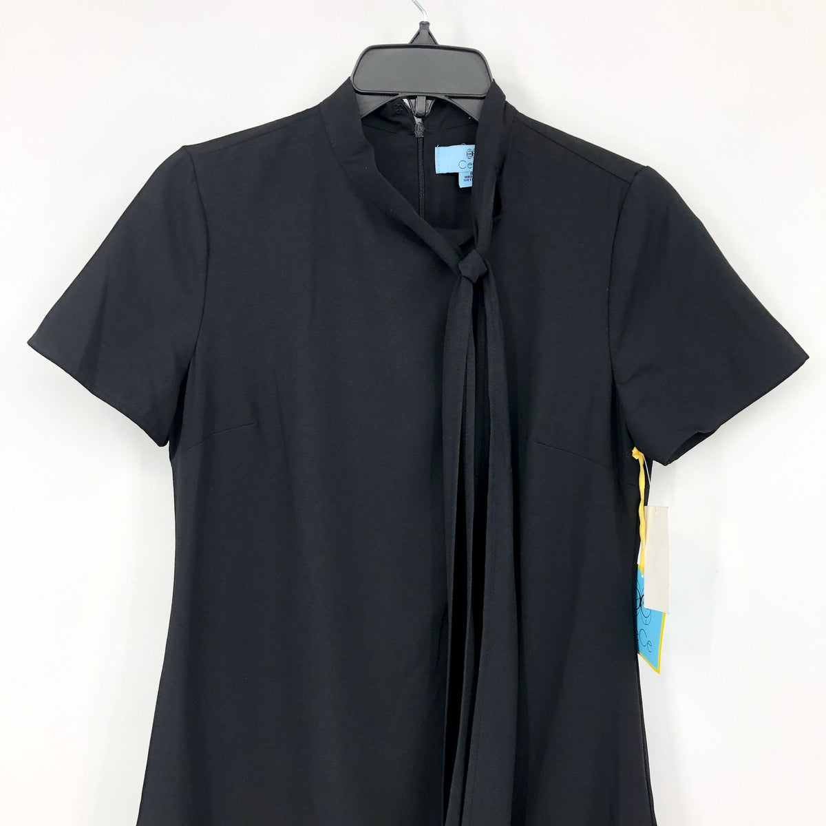CECE Women's Ruffled Bow Neck Mini Dress Size 6 Rich Black Short Sleeve NWT