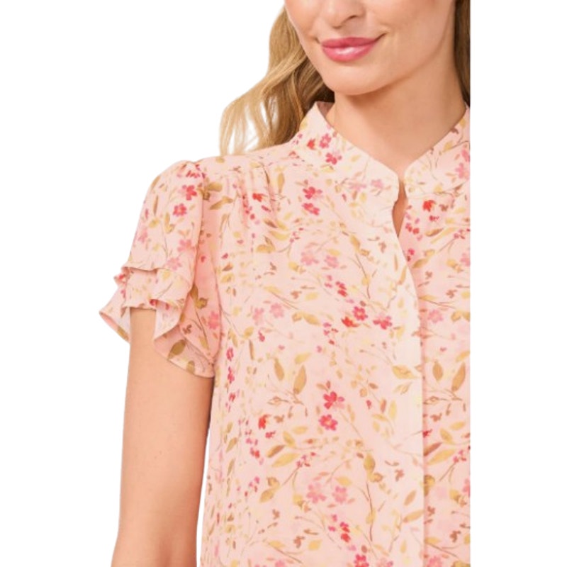 CECE Women's Placket Blouse Medium Pink Floral Double Flutter Short Sleeves NWT