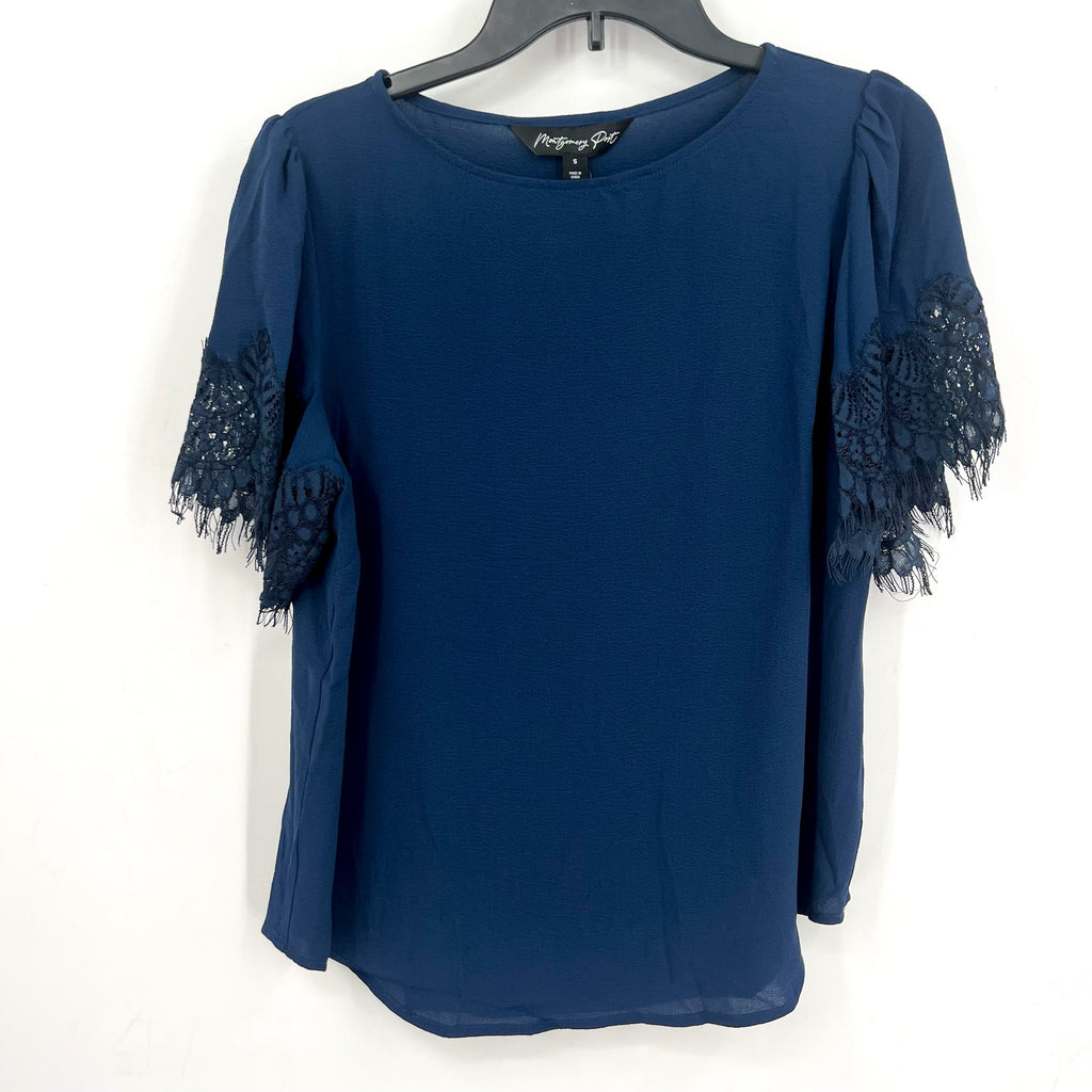 MONTGOMERY POST STITCH FIX Blouse Small Navy Blue Lace Trim Sleeves NWT