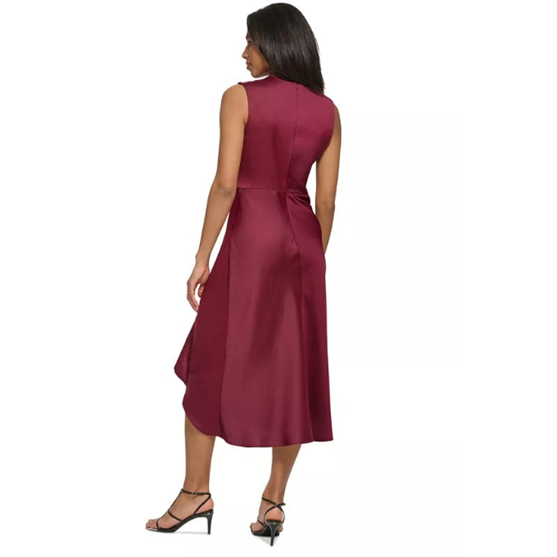 DKNY Women's Sleeveless Faux Wrap Midi Dress Size 6 Red Maroon Draped NWT
