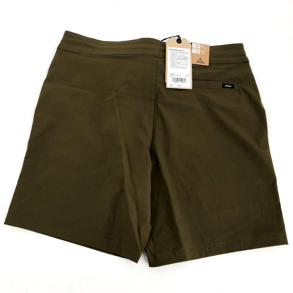 PRANA Men's Riveter Board Shorts Size 31 Small Peat Green 7" Inseam UPF 50+ NWT