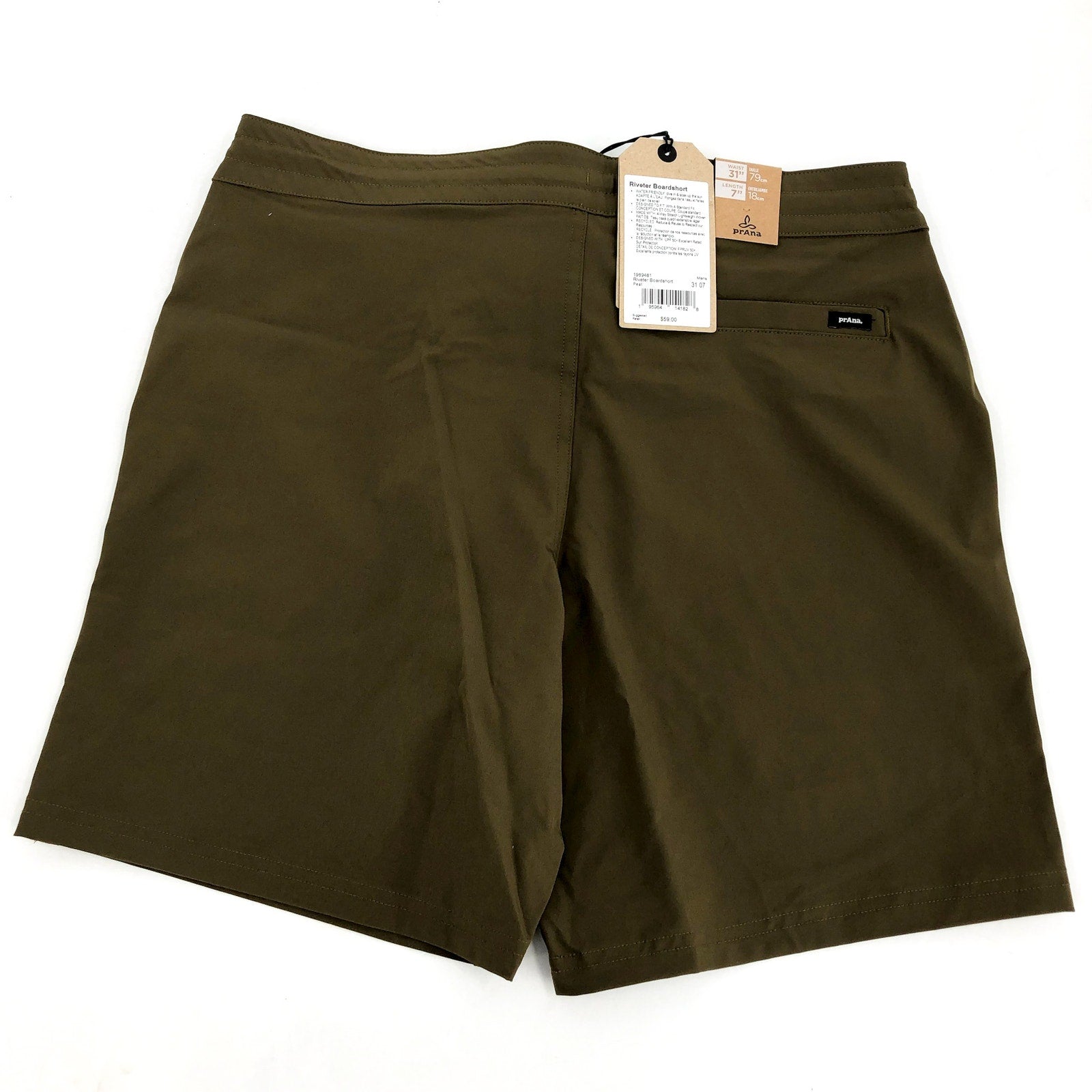 PRANA Men's Riveter Board Shorts Size 31 Small Peat Green 7" Inseam UPF 50+ NWT