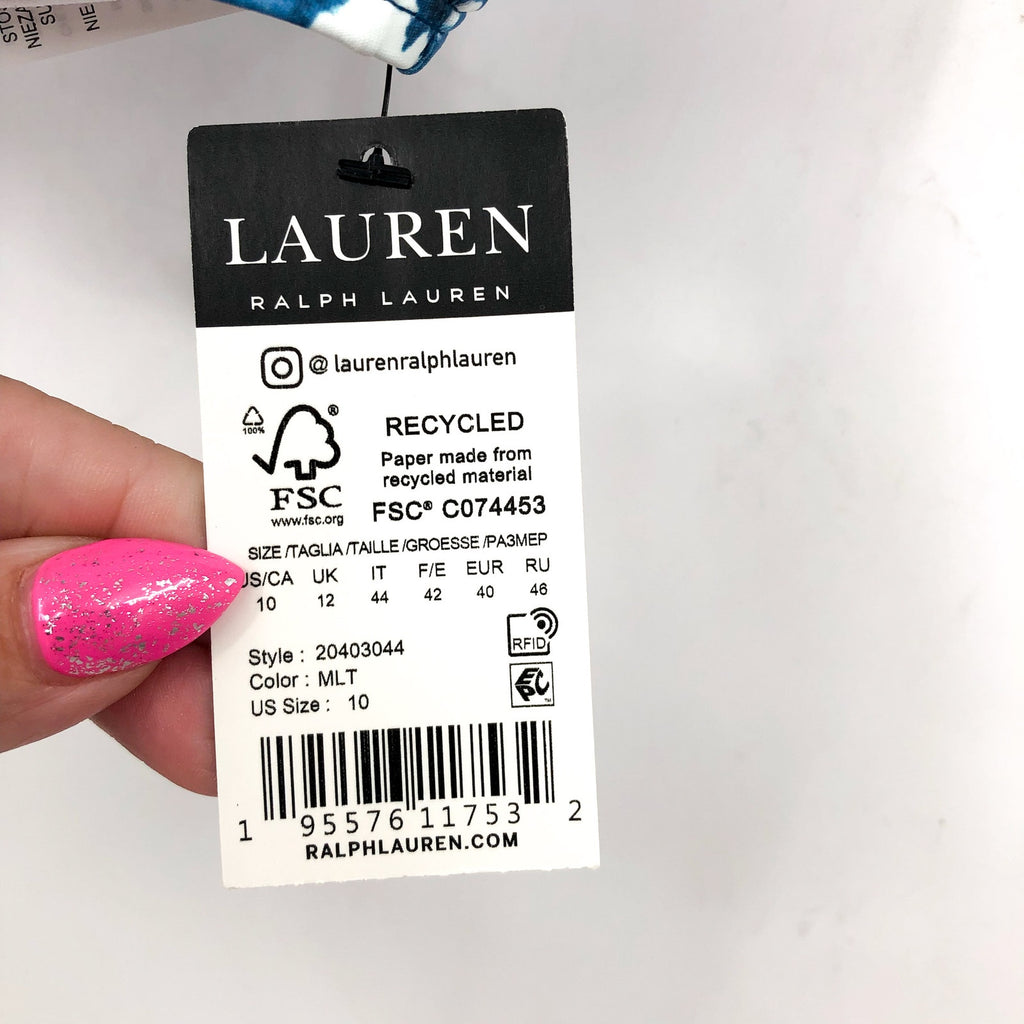 LAUREN RALPH LAUREN Patchwork Bikini Top Size 10 Blue Indigo Scoop Shirred NWT