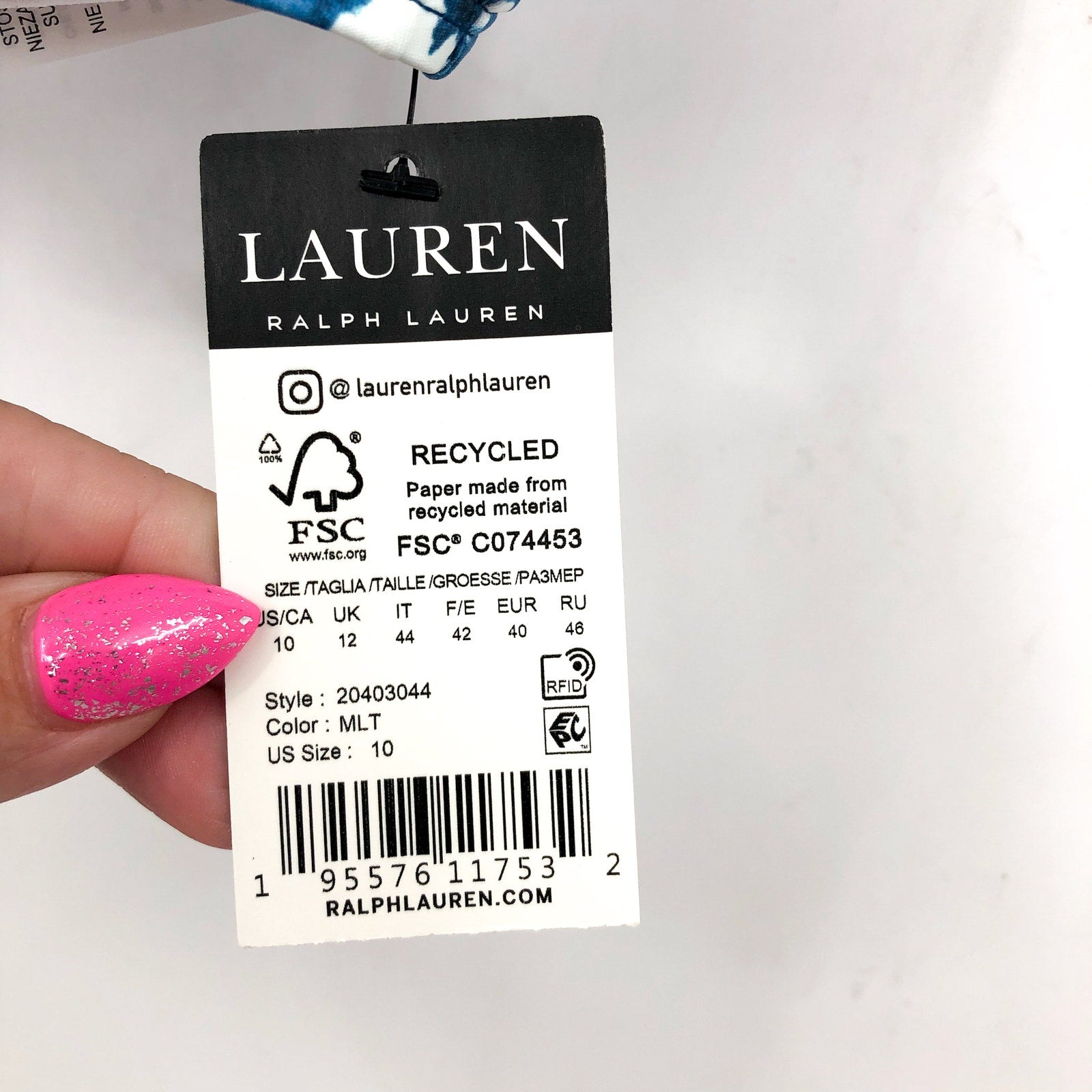 LAUREN RALPH LAUREN Patchwork Bikini Top Size 10 Blue Indigo Scoop Shirred NWT