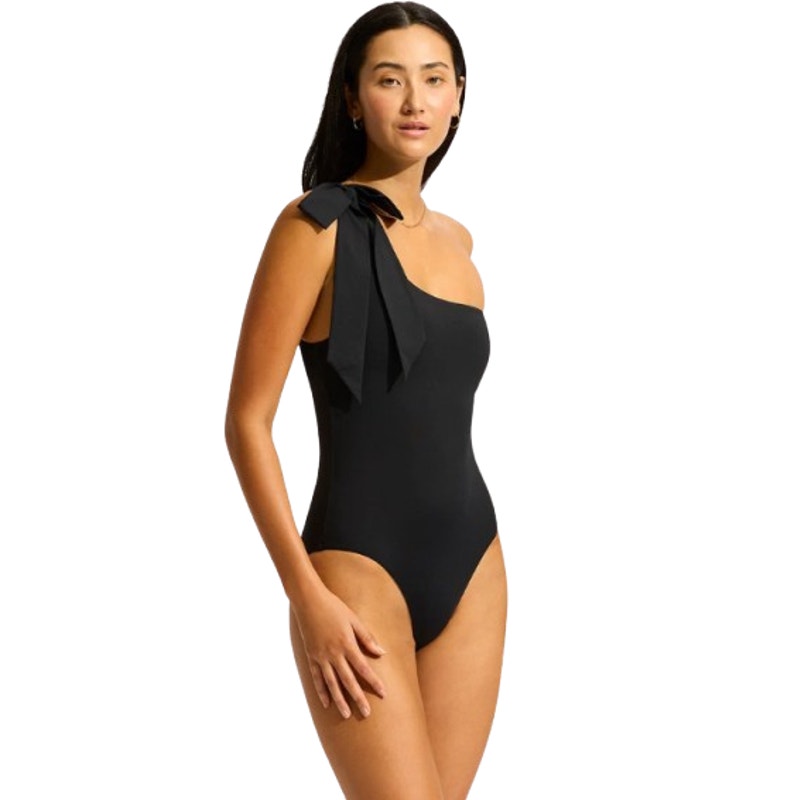 SEAFOLLY Women's Beau One Shoulder Swimsuit Size 4 Black Bow Tie NWT