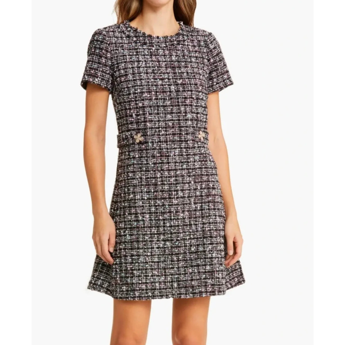 ELIZA J Women's Bouclé Fit & Flare Dress Size 6 Black Tweed Short Sleeve NWT