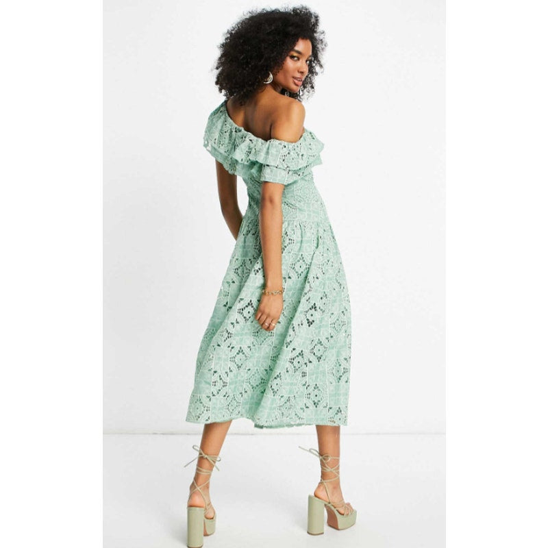 ASOS DESIGN One Shoulder Midi Dress Small Sage Green Patched Lace Ruffle NWOT