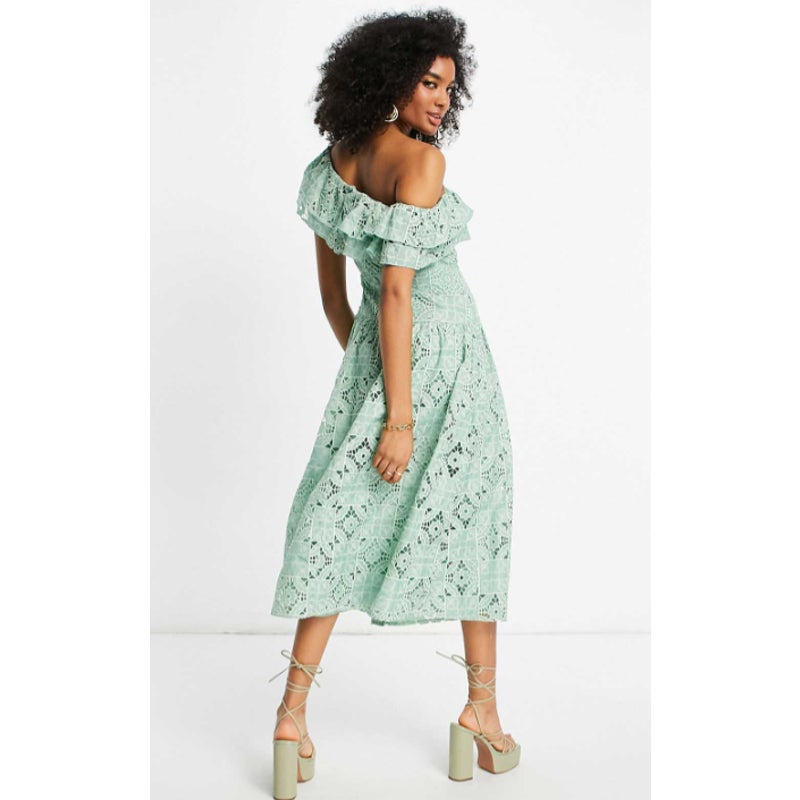 ASOS DESIGN One Shoulder Midi Dress Small Sage Green Patched Lace Ruffle NWOT