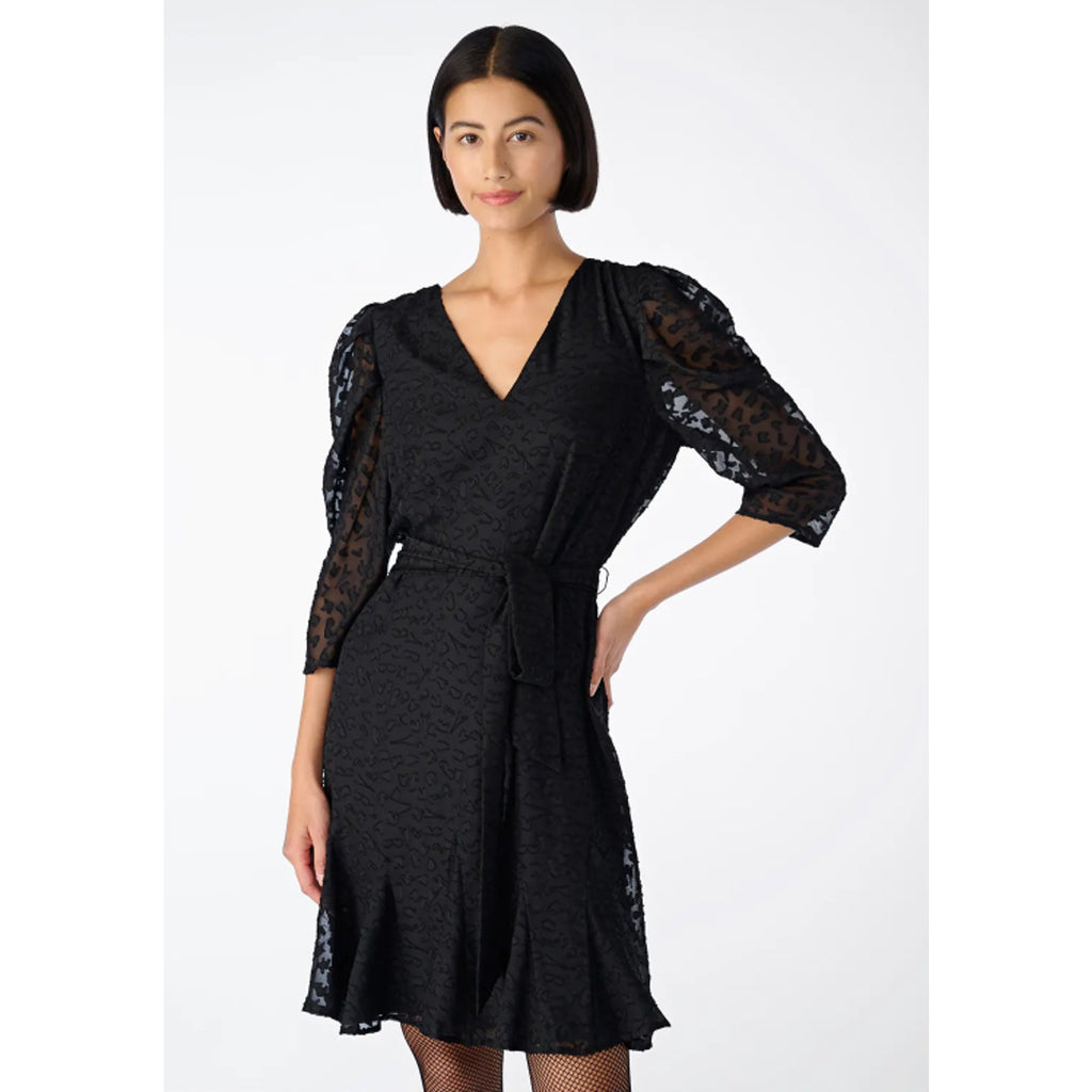 KARL LAGERFELD Womens Burnout Logo Print Dress Size 6 Black V-Neck Tie Waist NWT