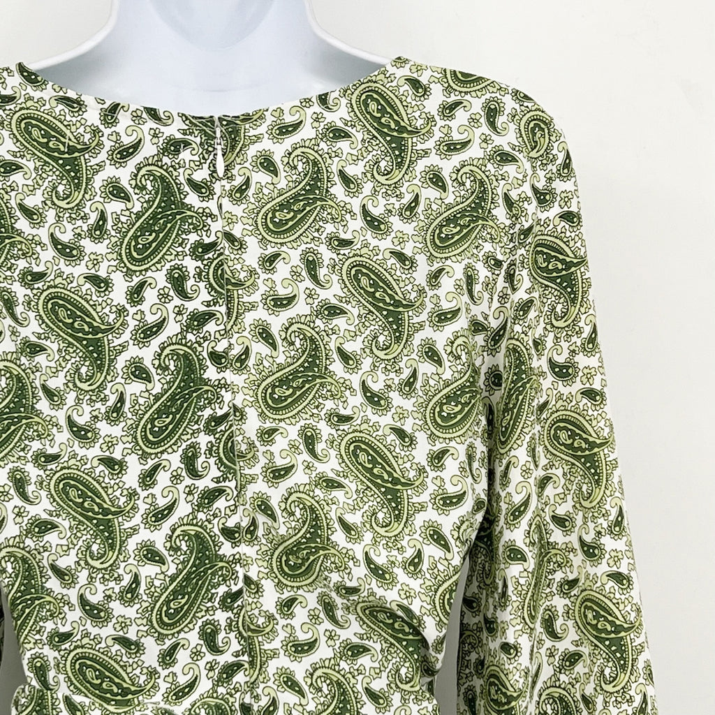 FAITHFULL THE BRAND Women's Bell Sleeve Top Size 10 Green Paisley NWOT