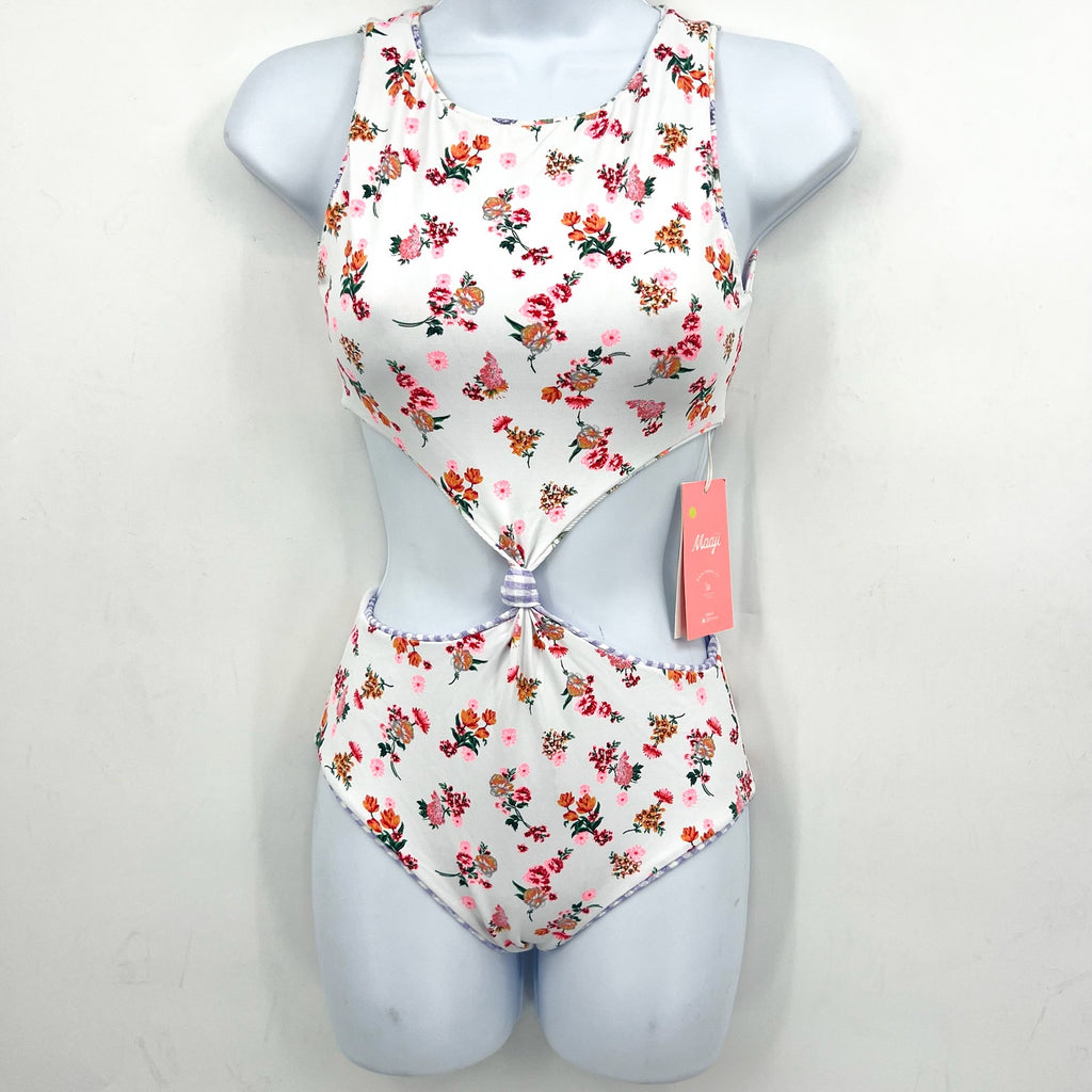 MAAJI Backyard Twist One Piece Swimsuit Girls 12 White Floral Reversible NWT