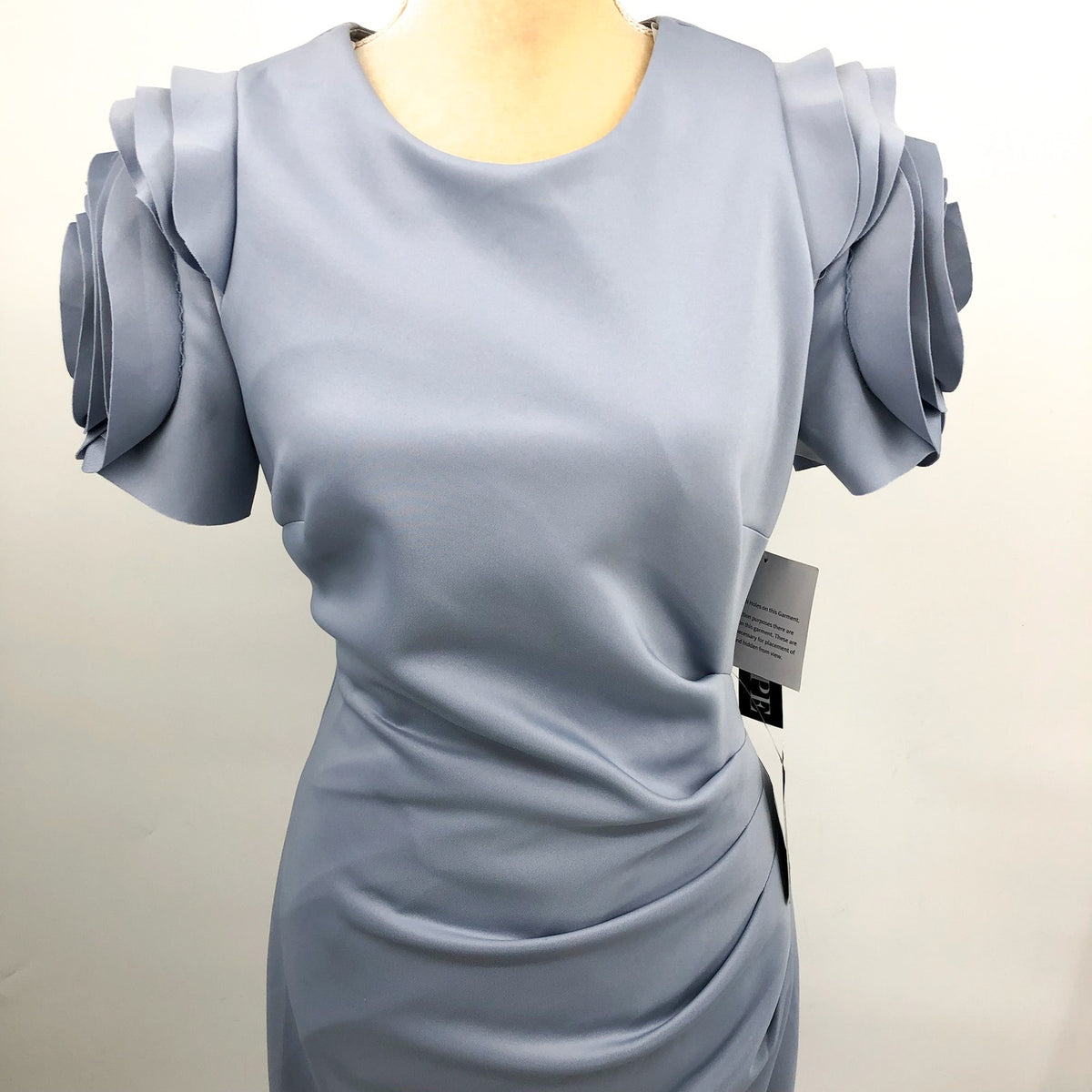 XSCAPE Rosette Ruched Sheath Gown Size 12 Sky Blue Short Sleeve Floral 4721X NWT