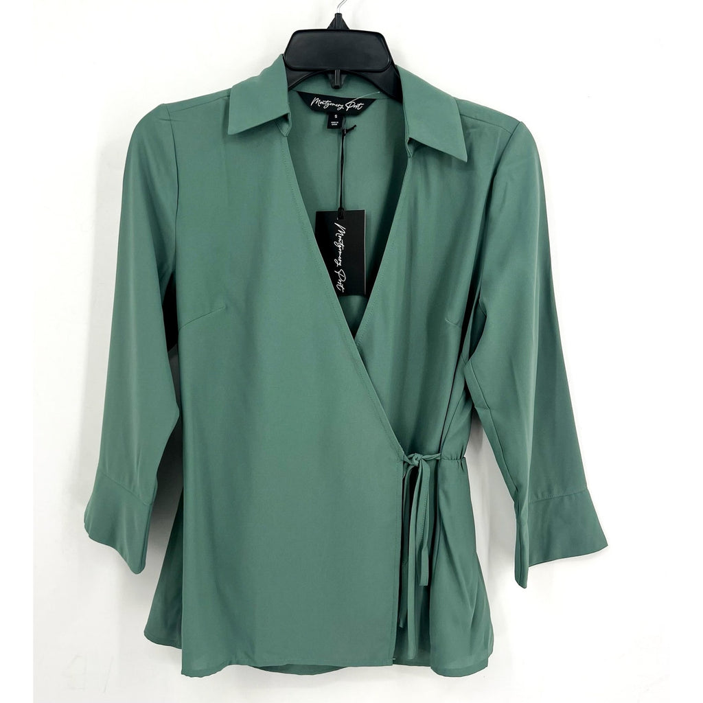 MONTGOMERY POST Womens Wrap Sleeve Blouse Small Green Three Quarter NWT