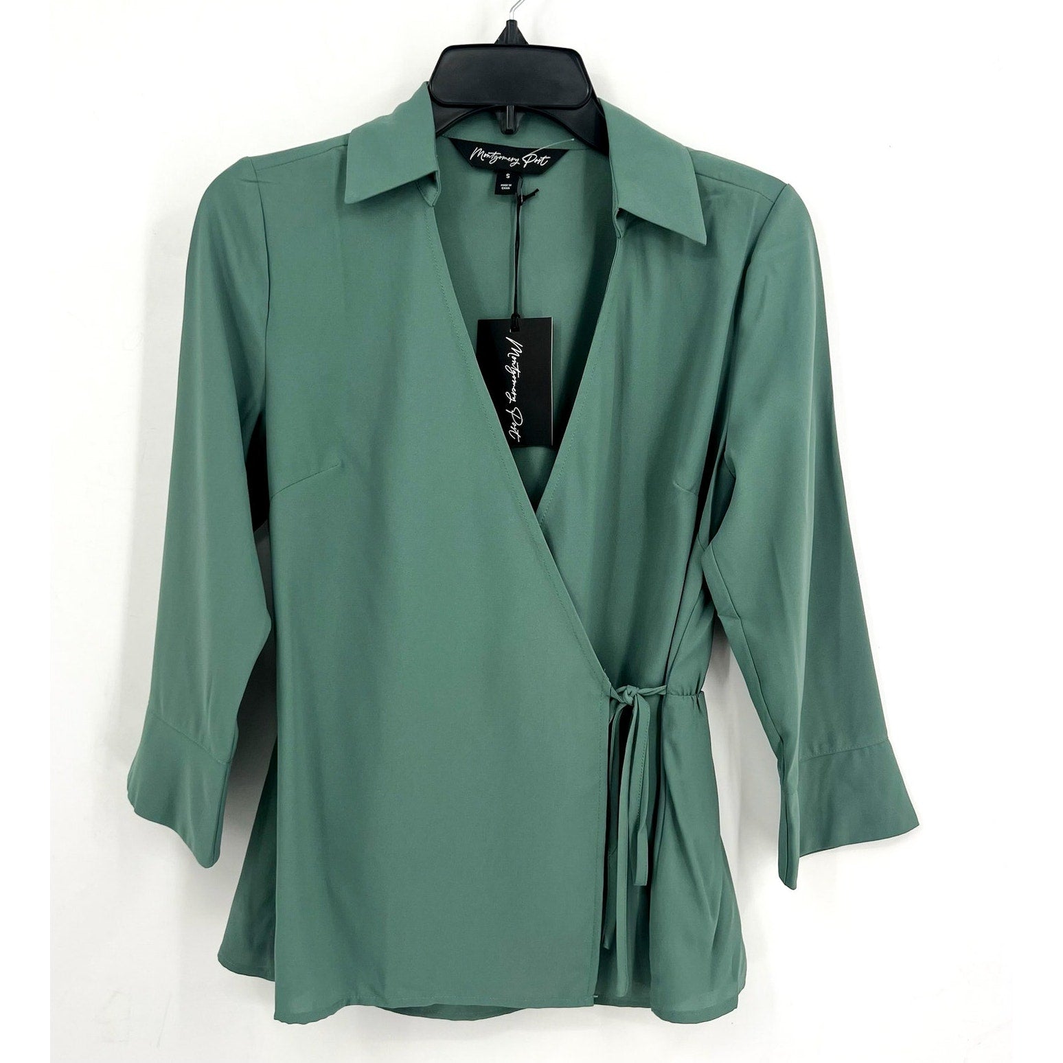 MONTGOMERY POST Womens Wrap Sleeve Blouse Small Green Three Quarter NWT
