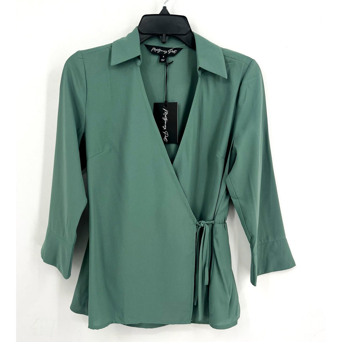 MONTGOMERY POST Womens Wrap Sleeve Blouse Small Green Three Quarter NWT