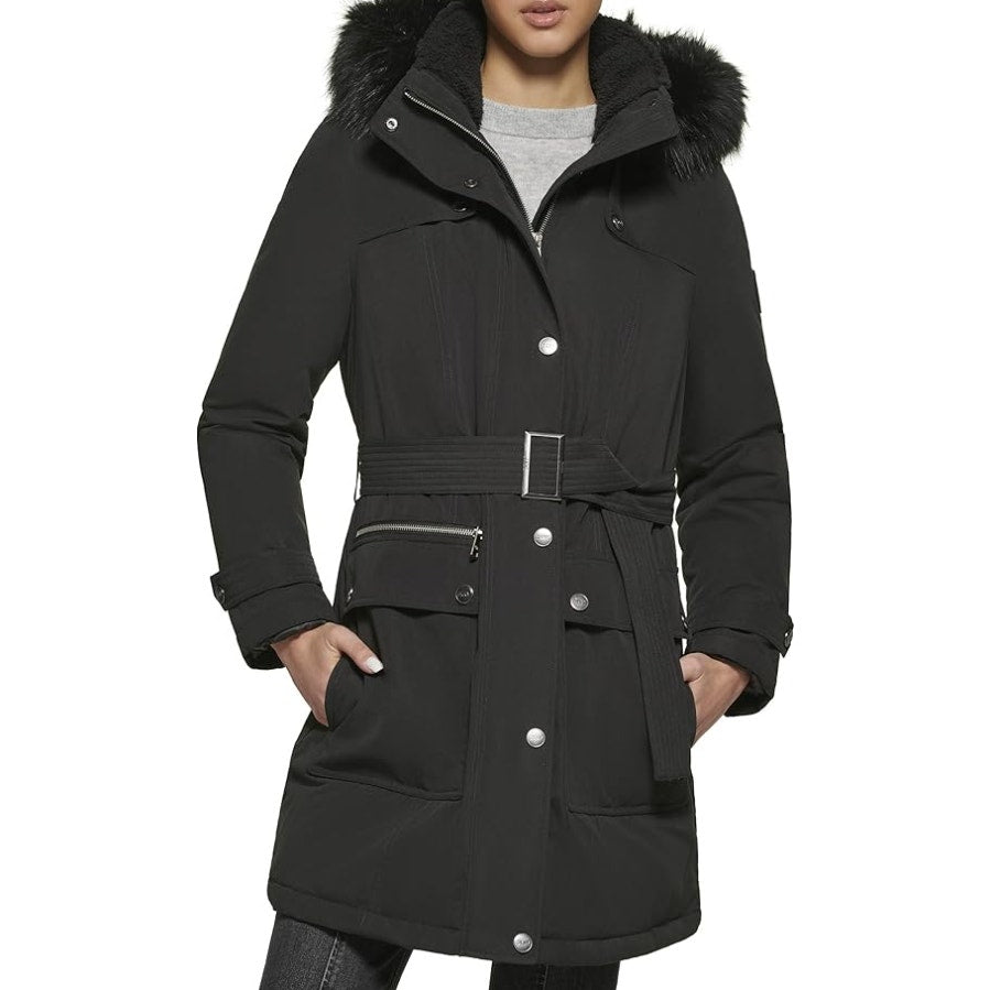 DKNY Women's Faux Fur Hood Anorak Winter Coat XS Black Belted NWT