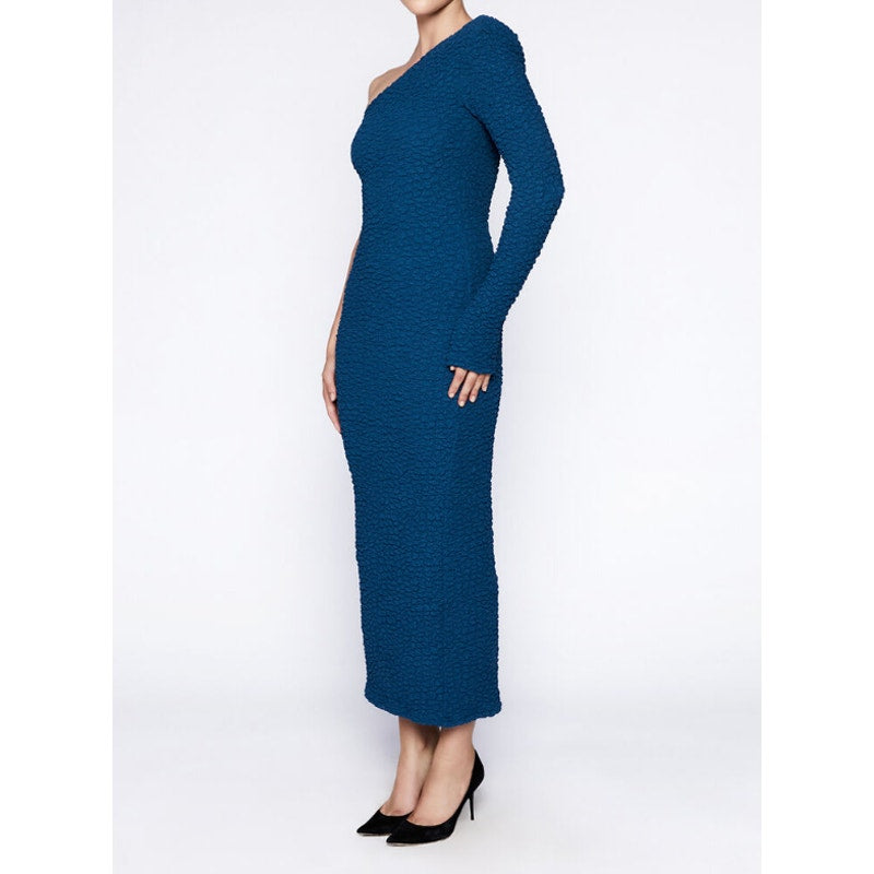 BARDOT Women's Crinkle One Shoulder Long Dress US 4 Teal Blue Long Sleeve NWT