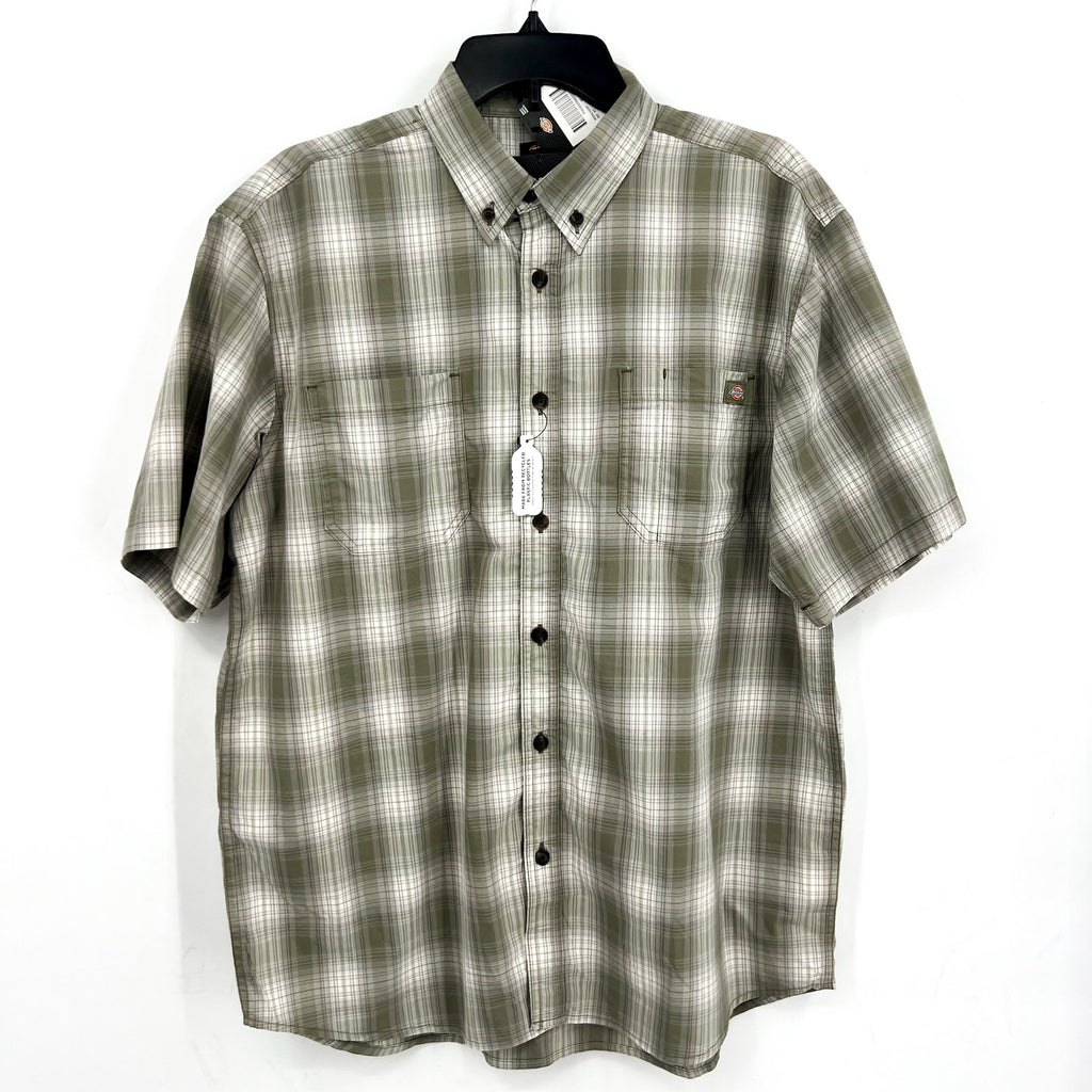DICKIES Mens Flex Short Sleeve Woven Shirt Medium Green Plaid Relaxed Fit NWT
