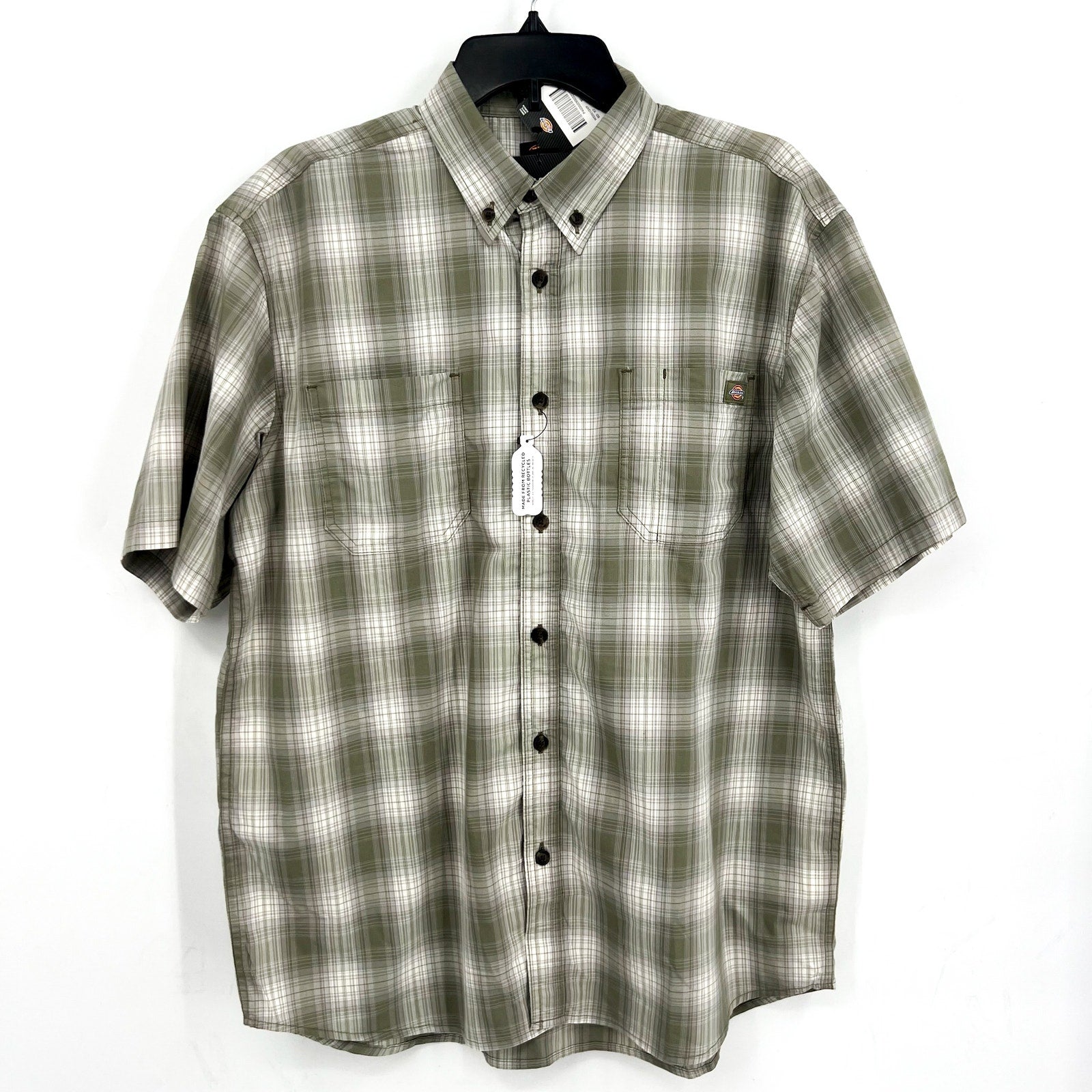 DICKIES Mens Flex Short Sleeve Woven Shirt Medium Green Plaid Relaxed Fit NWT